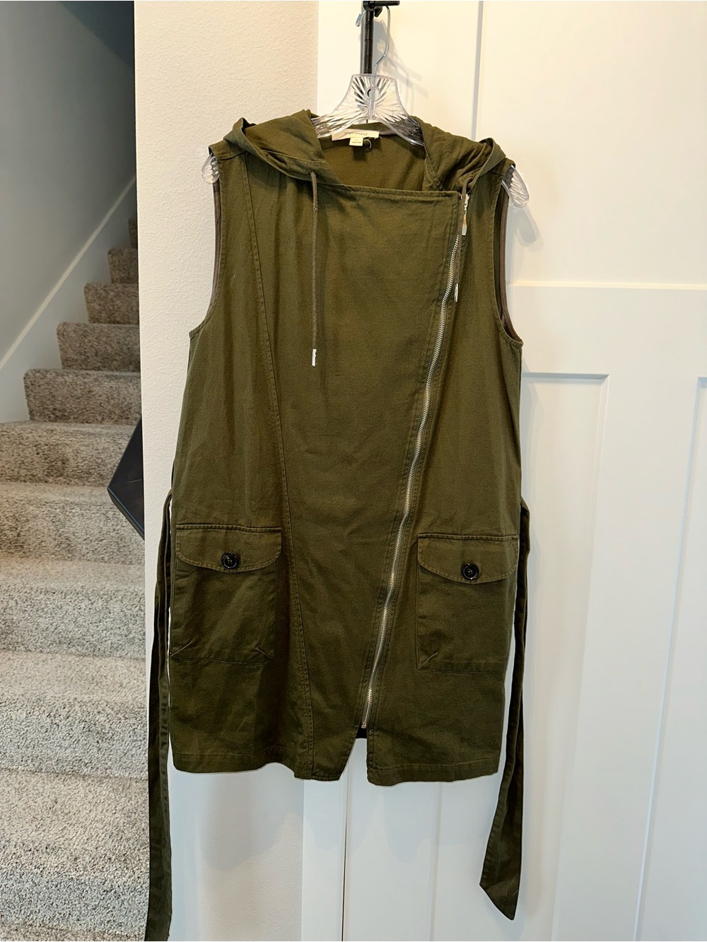 Onetheland Sleeveless Hooded Utility Vest Jacket Jean Dress - Olive Green size L